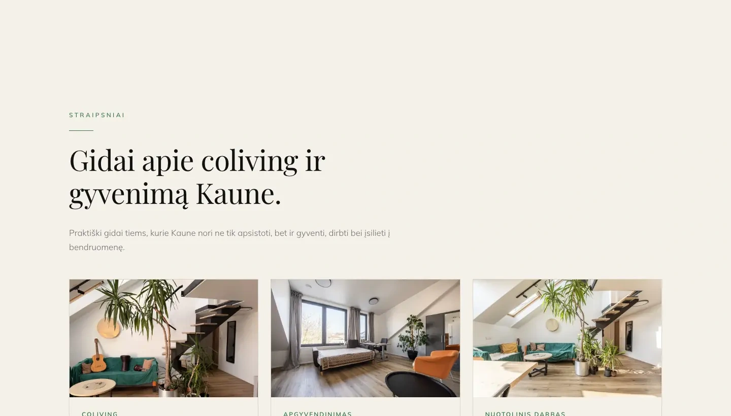 „Sparta coHome“ pagrindinio puslapio skiltis apie coliving ir gyvenimą Kaune, su trijų gidų kortelėmis