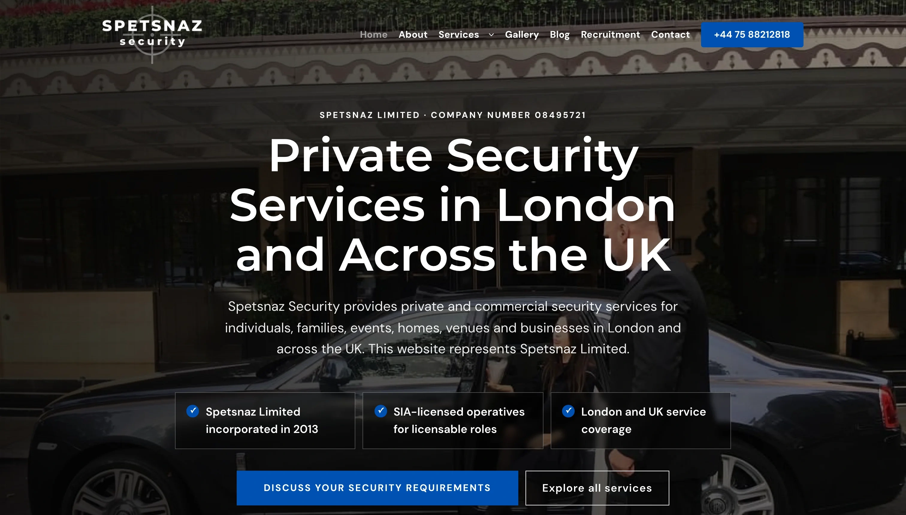 Spetsnaz Security homepage with the heading Private Security Services in London and Across the UK, trust points for company registration, SIA licensing and UK coverage, and a Discuss your security requirements button