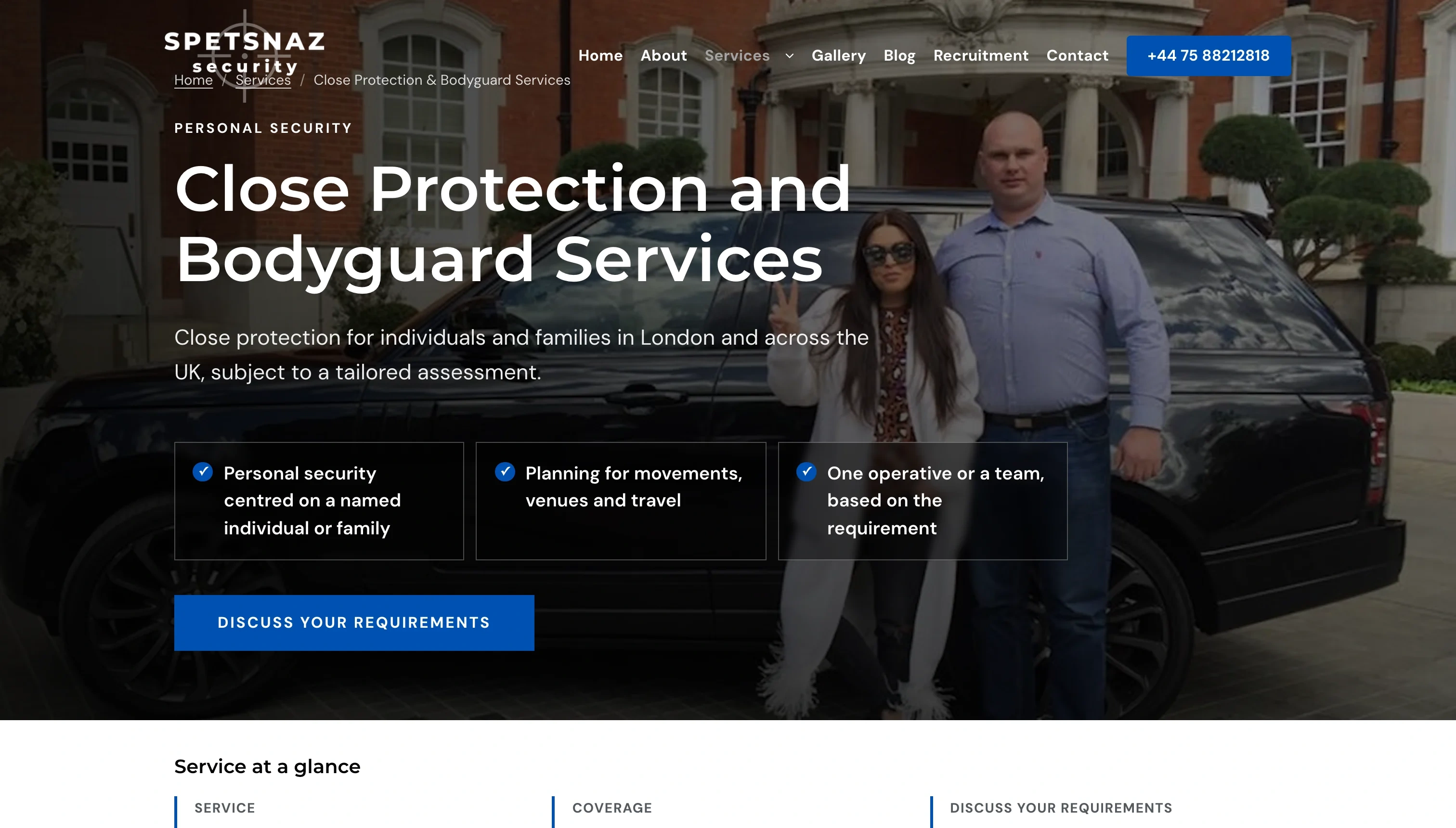 Spetsnaz Security close protection and bodyguard services page with a hero photo, three service highlights and a Discuss your requirements button