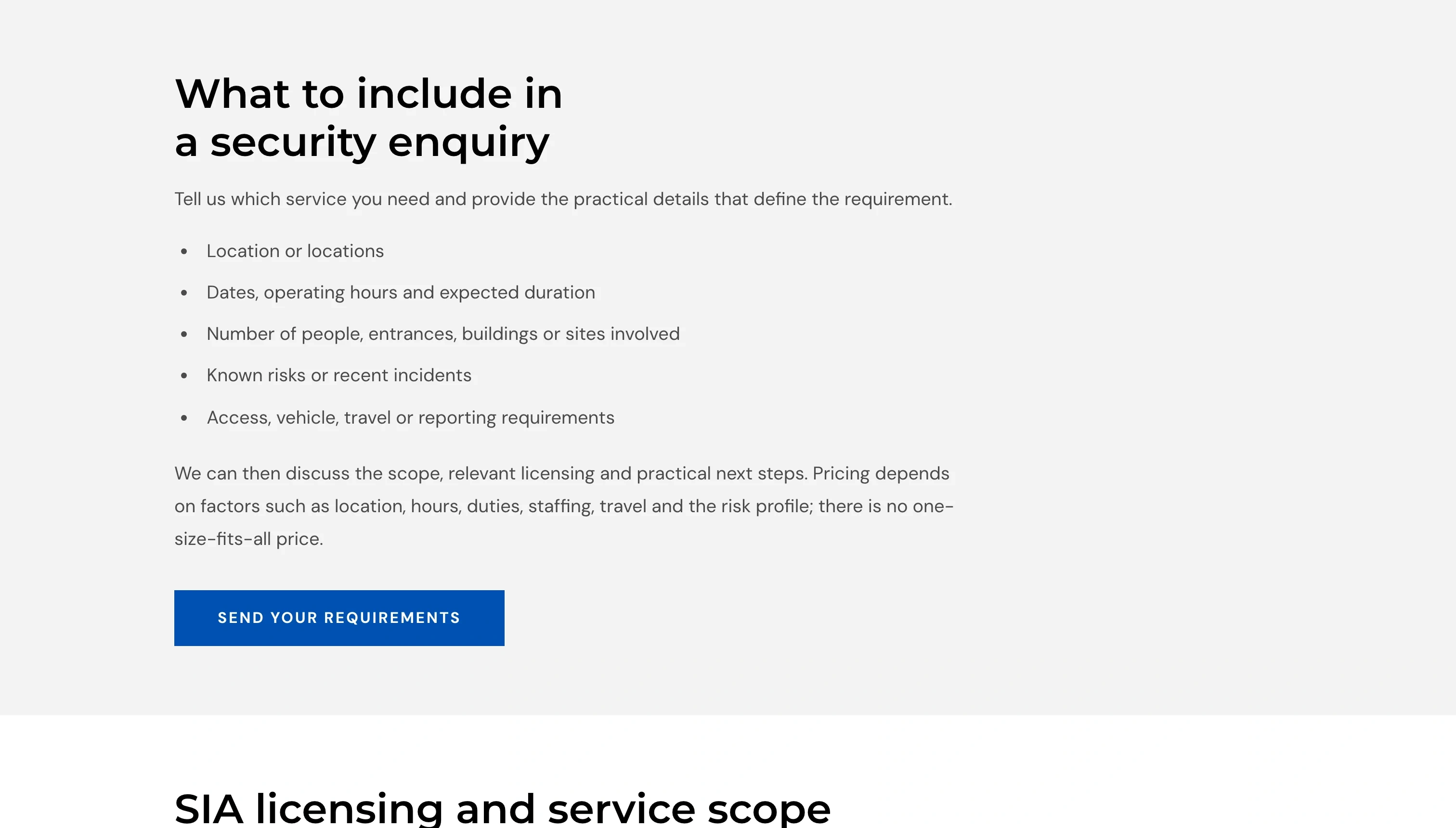 Spetsnaz Security homepage section titled What to include in a security enquiry, listing locations, dates, people involved, known risks and access requirements