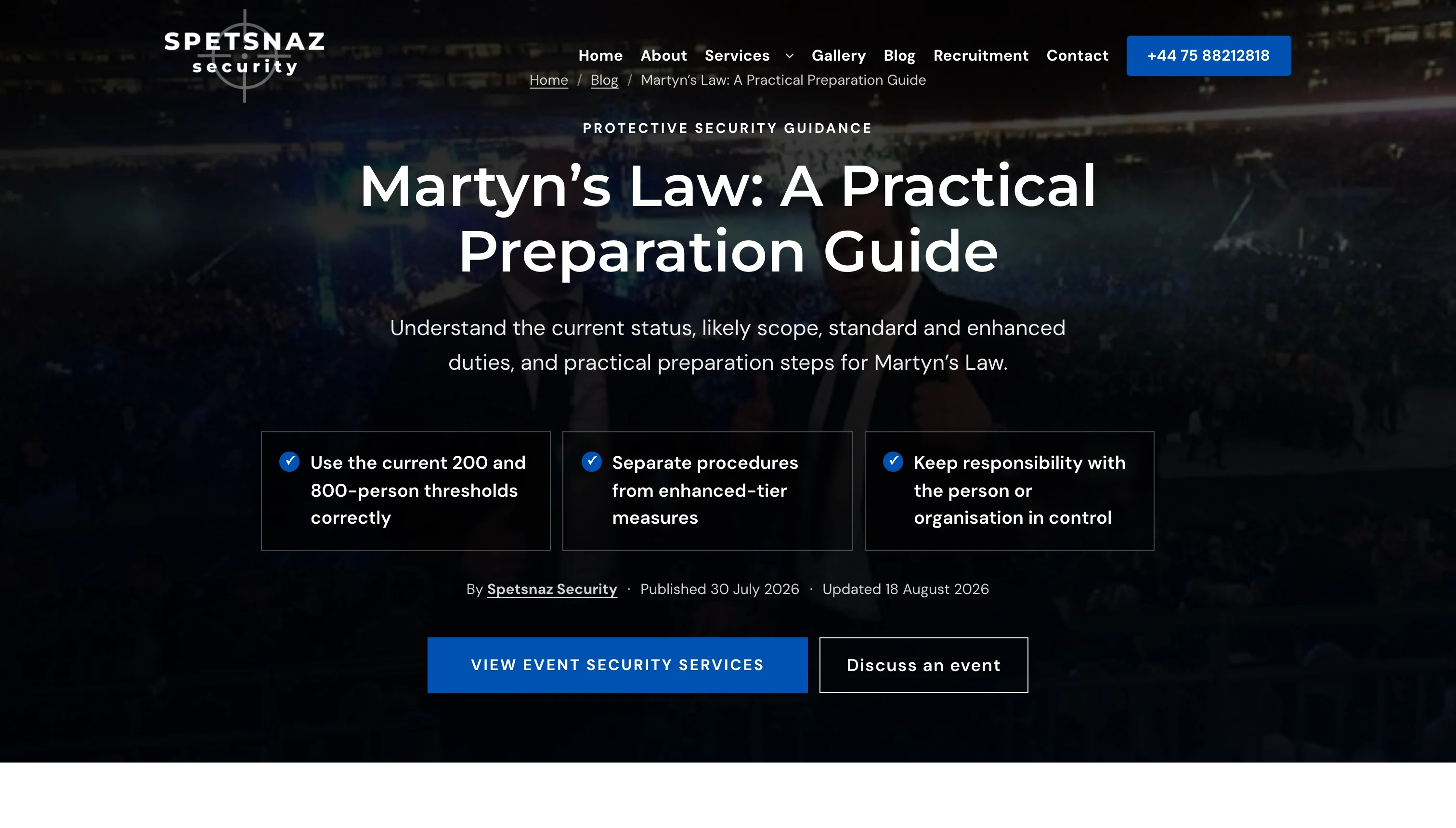 Spetsnaz Security guide page titled Martyn’s Law: A Practical Preparation Guide with three key points and buttons for event security services