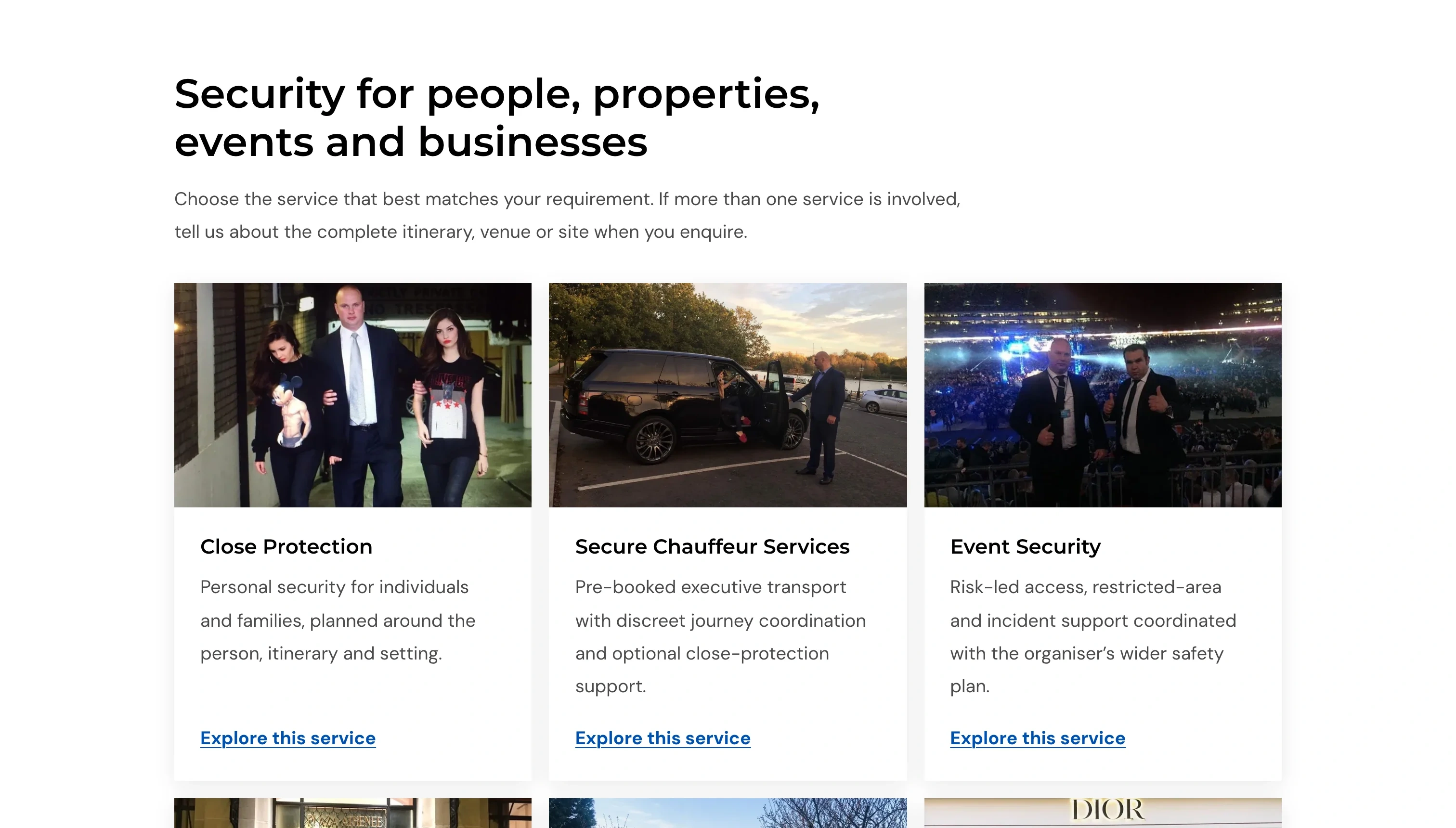 Spetsnaz Security homepage section with cards for close protection, secure chauffeur services and event security, each with a photo and a link to its page
