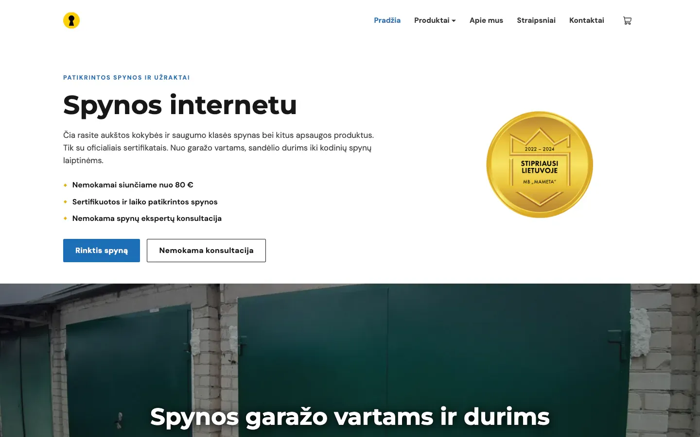 Spynelė online store homepage with the heading Spynos internetu (locks online), product and consultation buttons and an award badge
