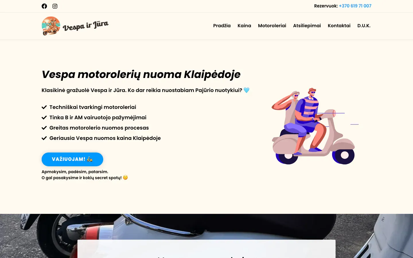 Vespa ir Jūra homepage with an illustration of a couple riding a Vespa, the heading Vespa motorolerių nuoma Klaipėdoje (Vespa scooter rental in Klaipėda), a checklist and a booking button