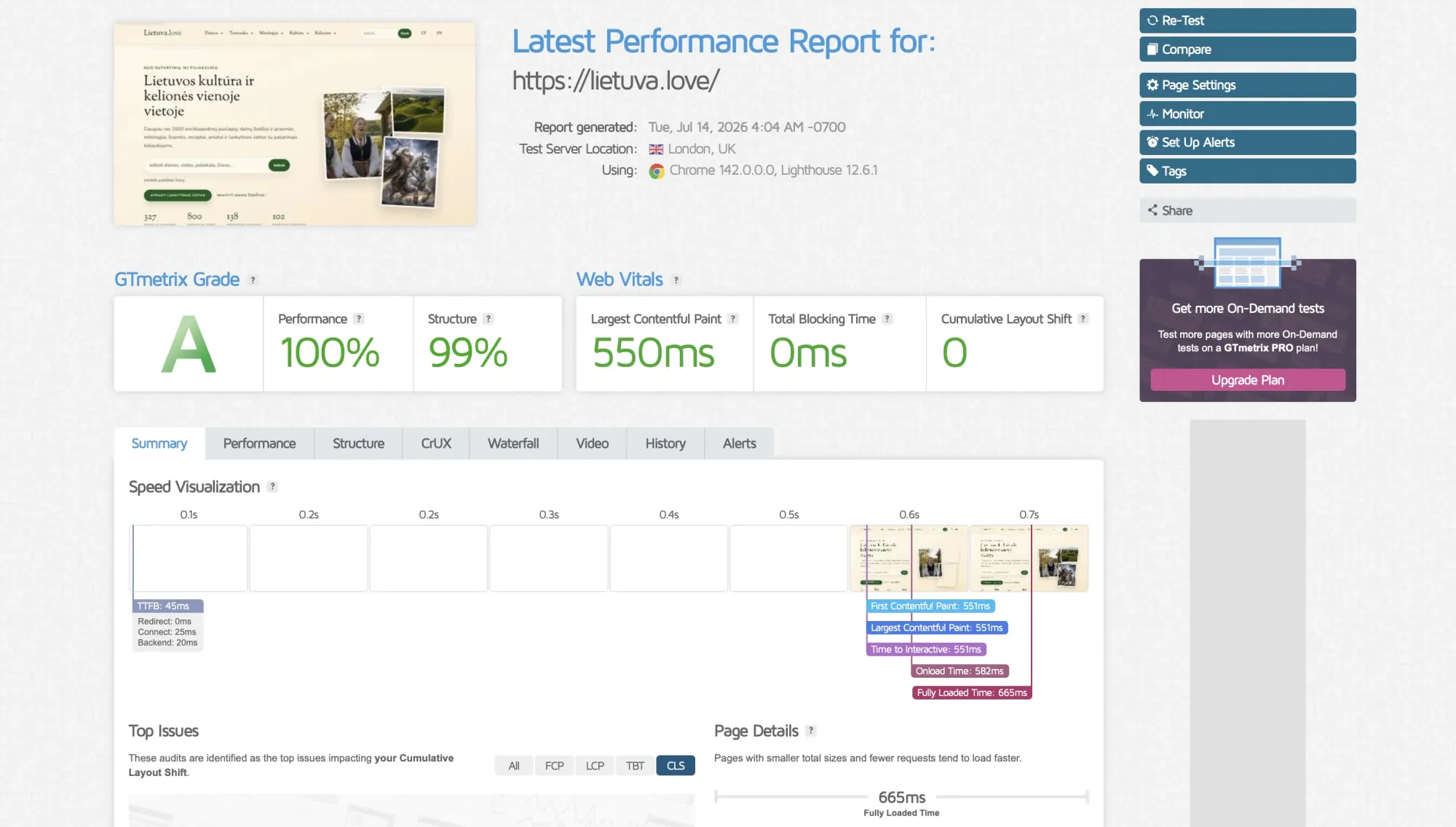 GTmetrix report for Lietuva.love showing grade A, 100 percent performance, 99 percent structure, and a 665 millisecond fully loaded time