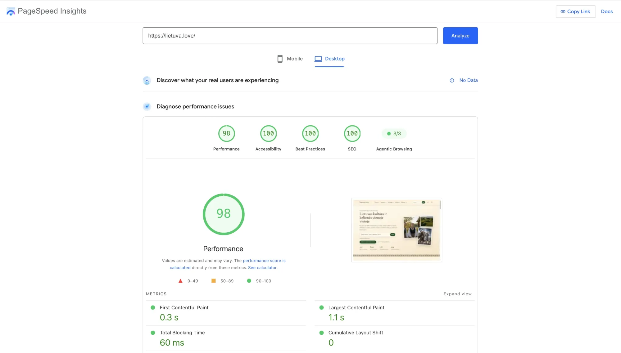 Desktop PageSpeed Insights report for Lietuva.love showing 98 performance and 100 scores for accessibility, best practices, and SEO