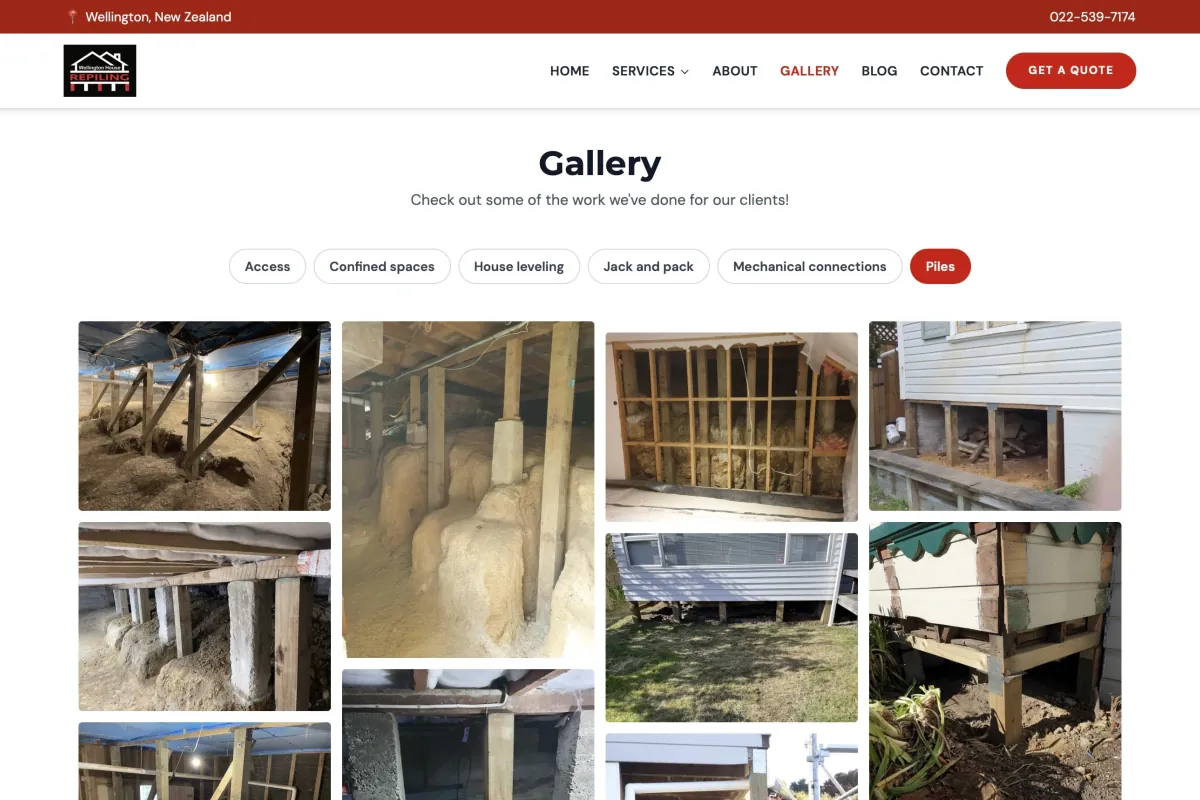 Wellington House Repiling gallery page with 67 images across 6 categories including piles, leveling, and mechanical connections