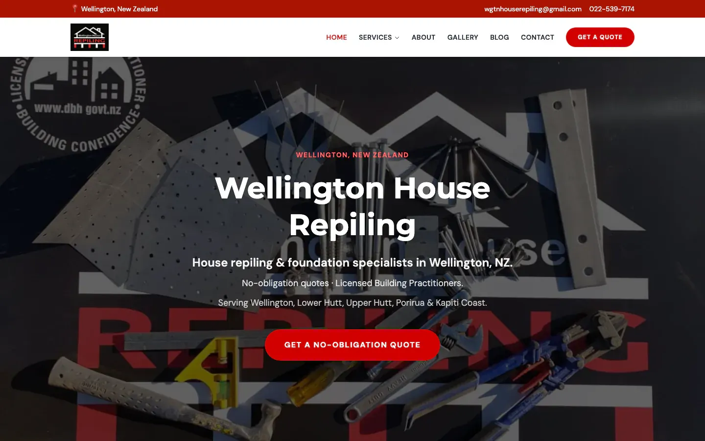 Wellington House Repiling homepage with the business name over a foundation tools photo and a red Get a No-Obligation Quote button
