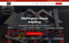 Wellington House Repiling homepage with the business name over a foundation tools photo and a red Get a No-Obligation Quote button