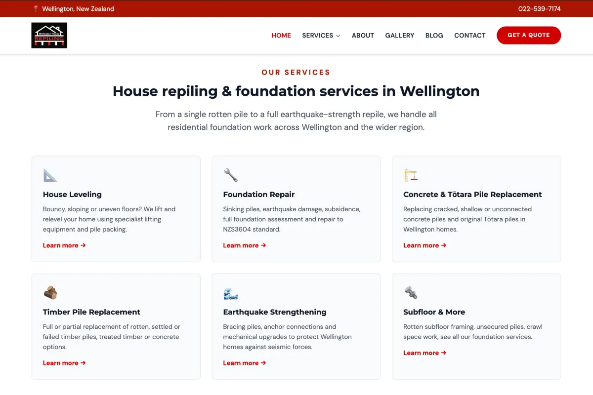 Wellington House Repiling services page with 6 dedicated service cards for house leveling, foundation repair, pile replacement, earthquake strengthening, and more