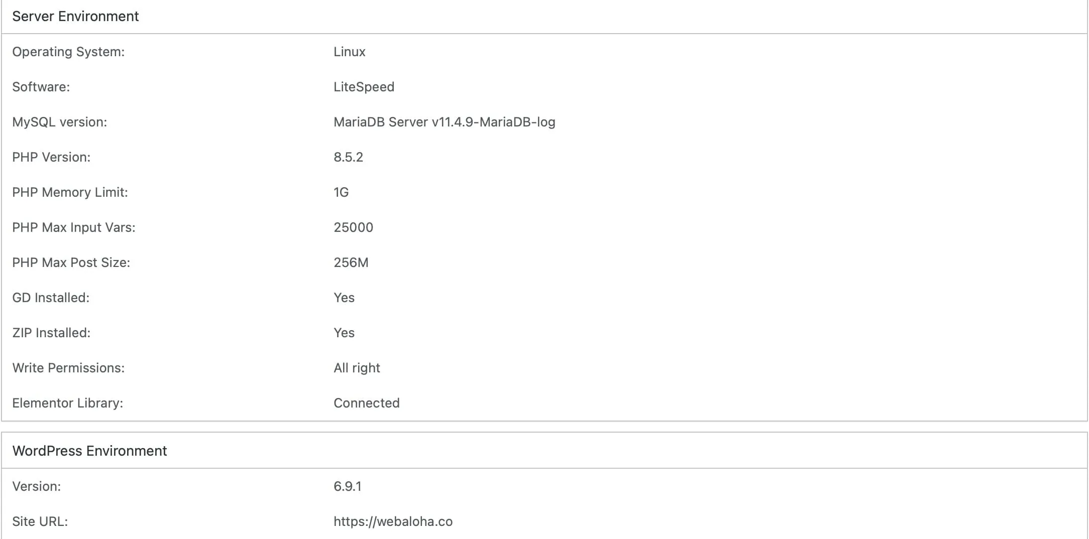 WordPress dashboard showing PHP 8.5
