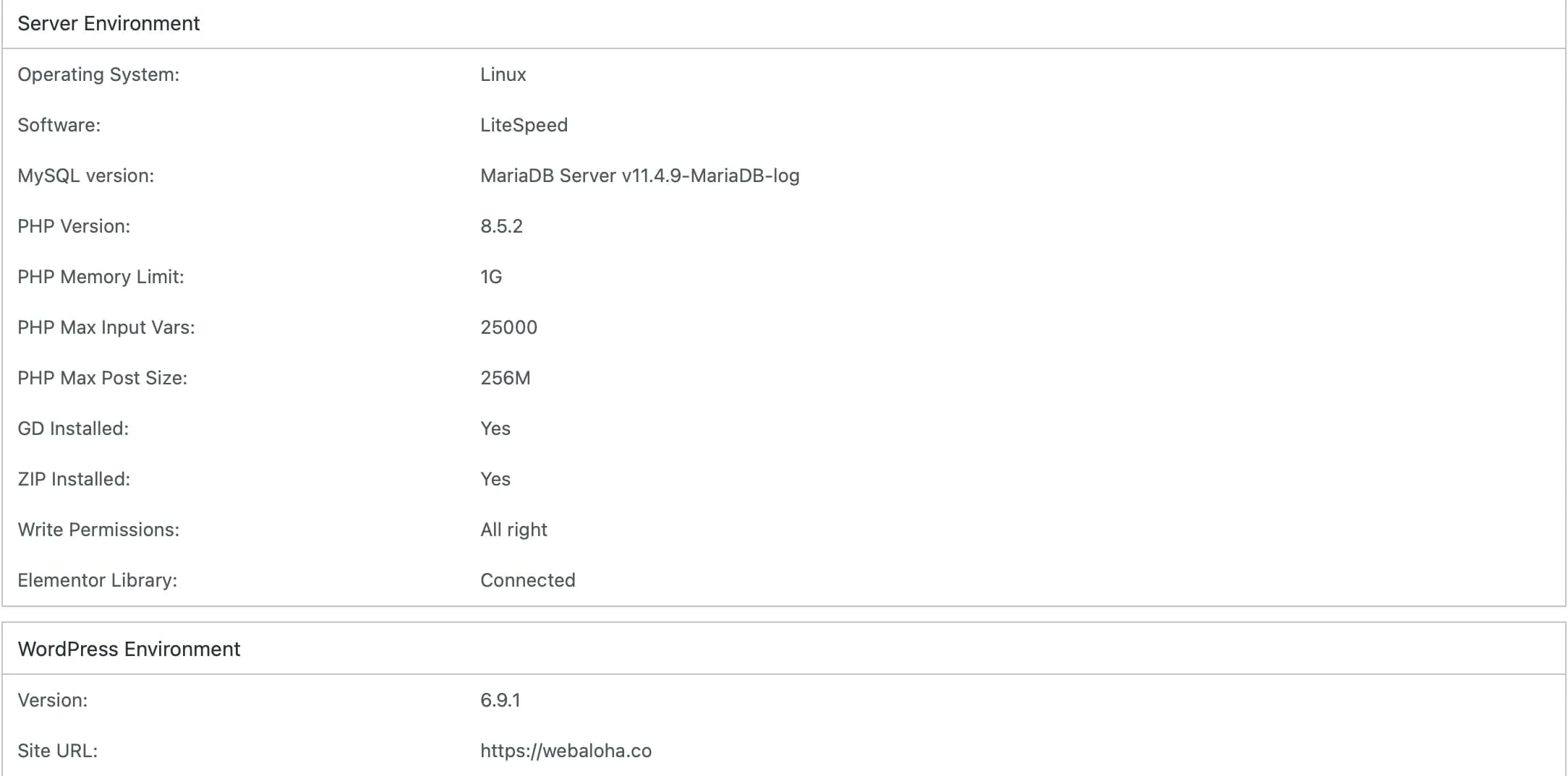 WordPress dashboard showing PHP 8.5