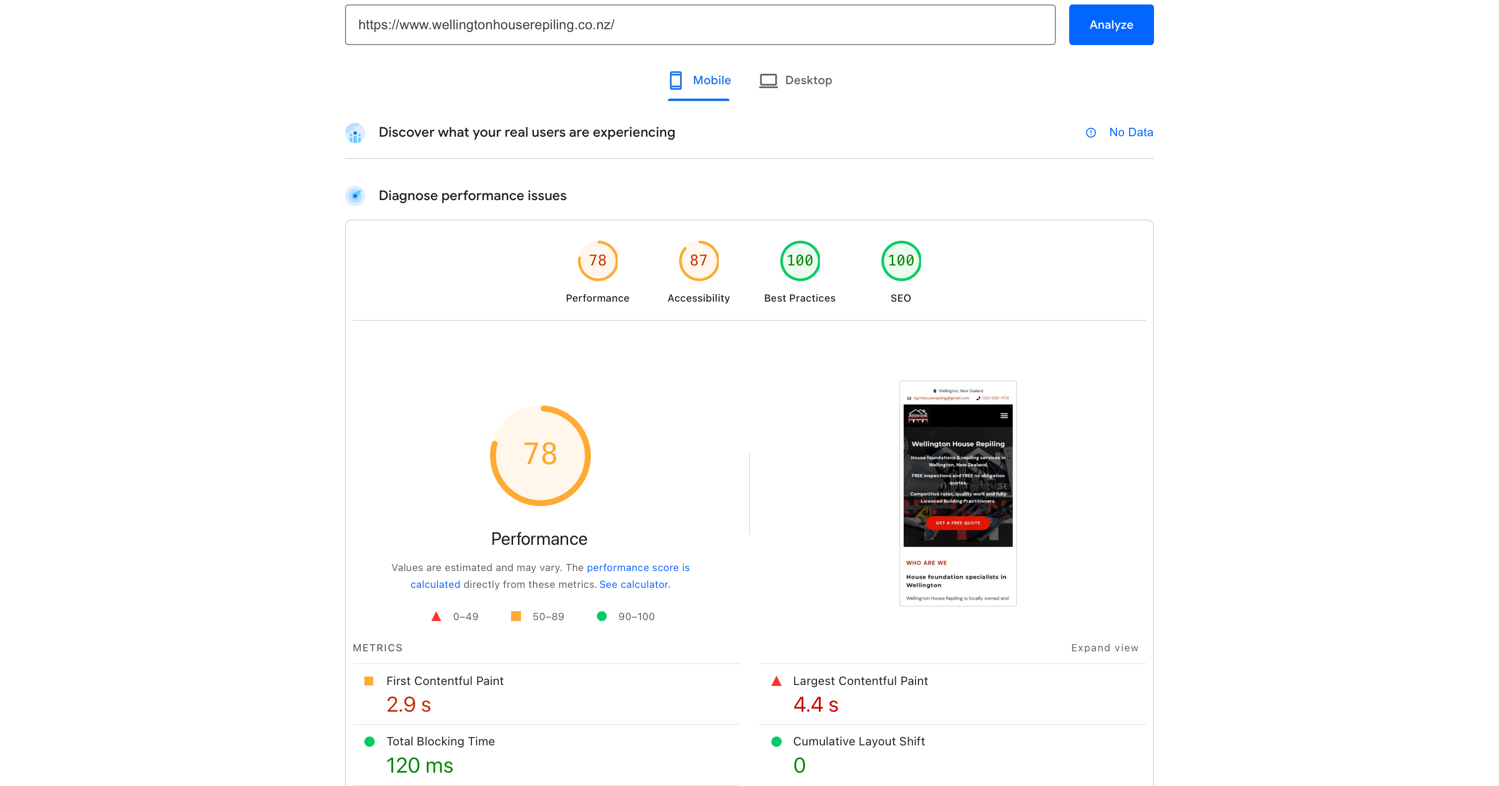 Google PageSpeed Insights score for wellingtonhouserepiling.co.nz on WordPress: Performance 78, Accessibility 87, Best Practices 100, SEO 100. FCP 2.9s, LCP 4.4s, TBT 120ms.