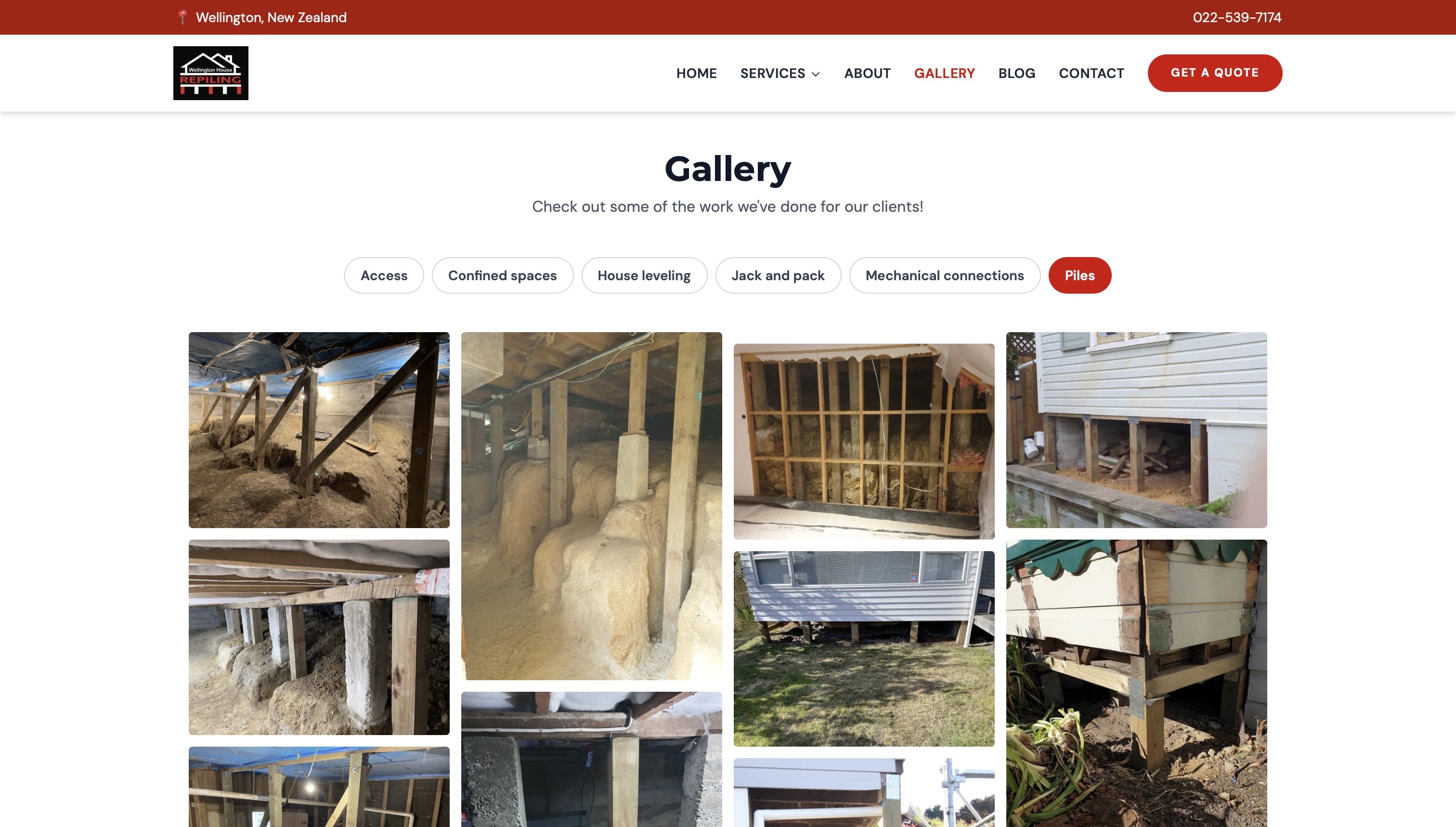 Wellington House Repiling gallery page with 67 images across 6 categories including piles, leveling, and mechanical connections