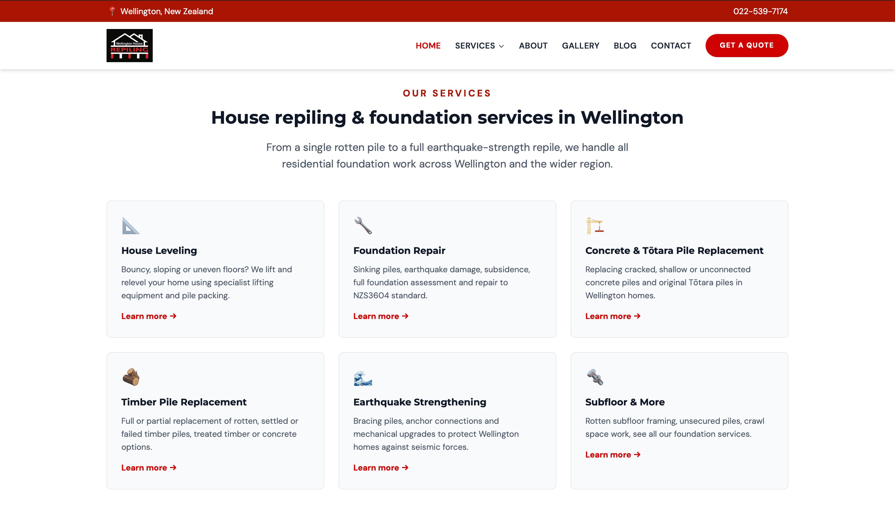 Wellington House Repiling services page with 6 dedicated service cards for house leveling, foundation repair, pile replacement, earthquake strengthening, and more