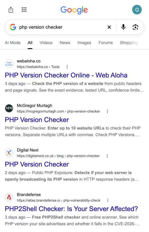 Google results for php version checker on 24 October 2026, showing Web Aloha as the first visible organic result.
